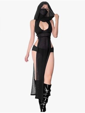 Sexy Hooded Sheer Slit Dress – Rave Festival Clubwear Black